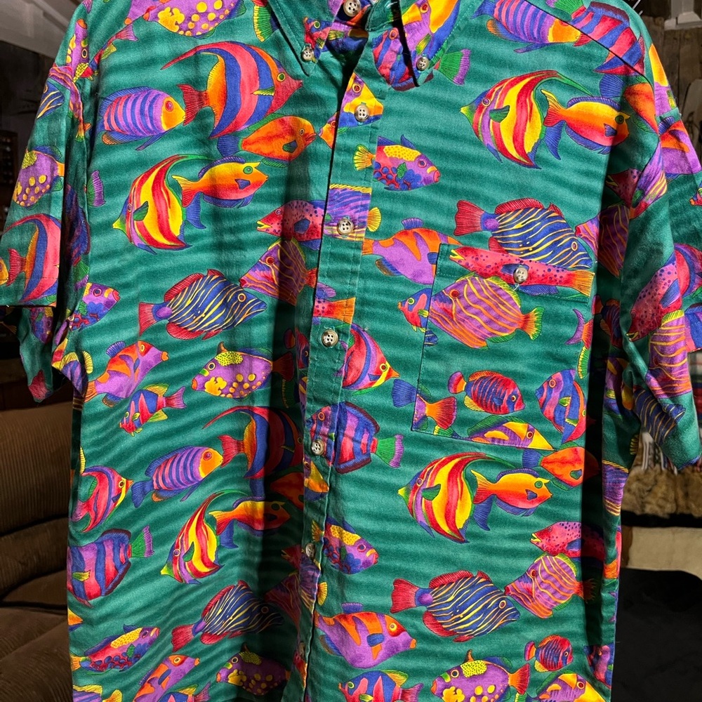 Angelica Multicolor Tropical Fish Print Casual Button Down Shirt